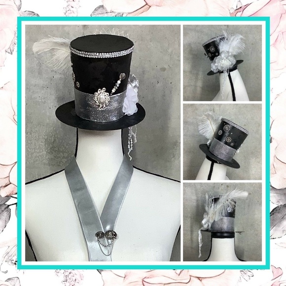 🌺 STEAMPUNK COSTUME MINI TOP HAT TIE CLIP SET COSPLAY GRAY SILVER BUNDLE PARTY - Picture 5 of 12